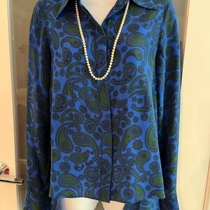 Blue print Stella McCartney silk blouse with peplum silhouette, longer in back.